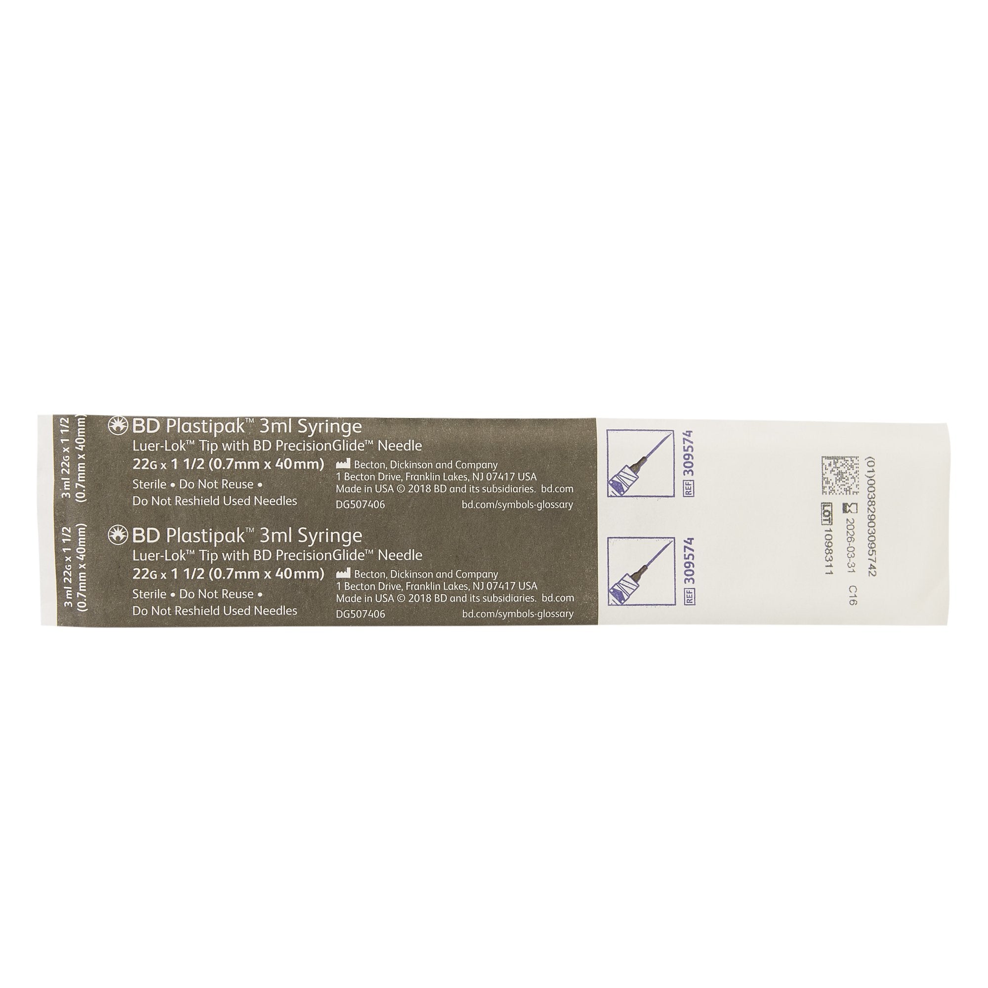 BD PrecisionGlide™ 3 mL Syringe with 22G x 1½" Needle – Luer-Lok, Sterile, Expired 11/2020 (100/Box)