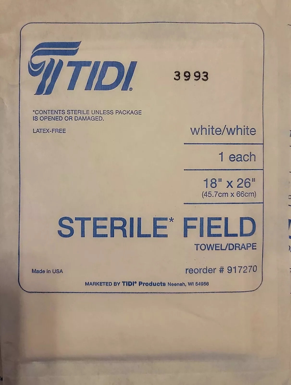 TIDI 18" x 26" Sterile Field Towel Drape – 3-Ply Tissue/Poly, White, Non-Fenestrated, 50/Box (917270)