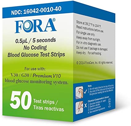 FORA V30 G30 Premium V10 Blood Glucose Test Strips - 50count, Precise Blood Sugar Measurement for Diabetes and Your Diabetic Diet