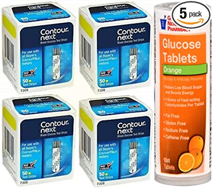 Tiras reactivas Contour Next (para diabéticos), 4 cajas de 50 (200 unidades en total) con 10 tabletas de glucosa 