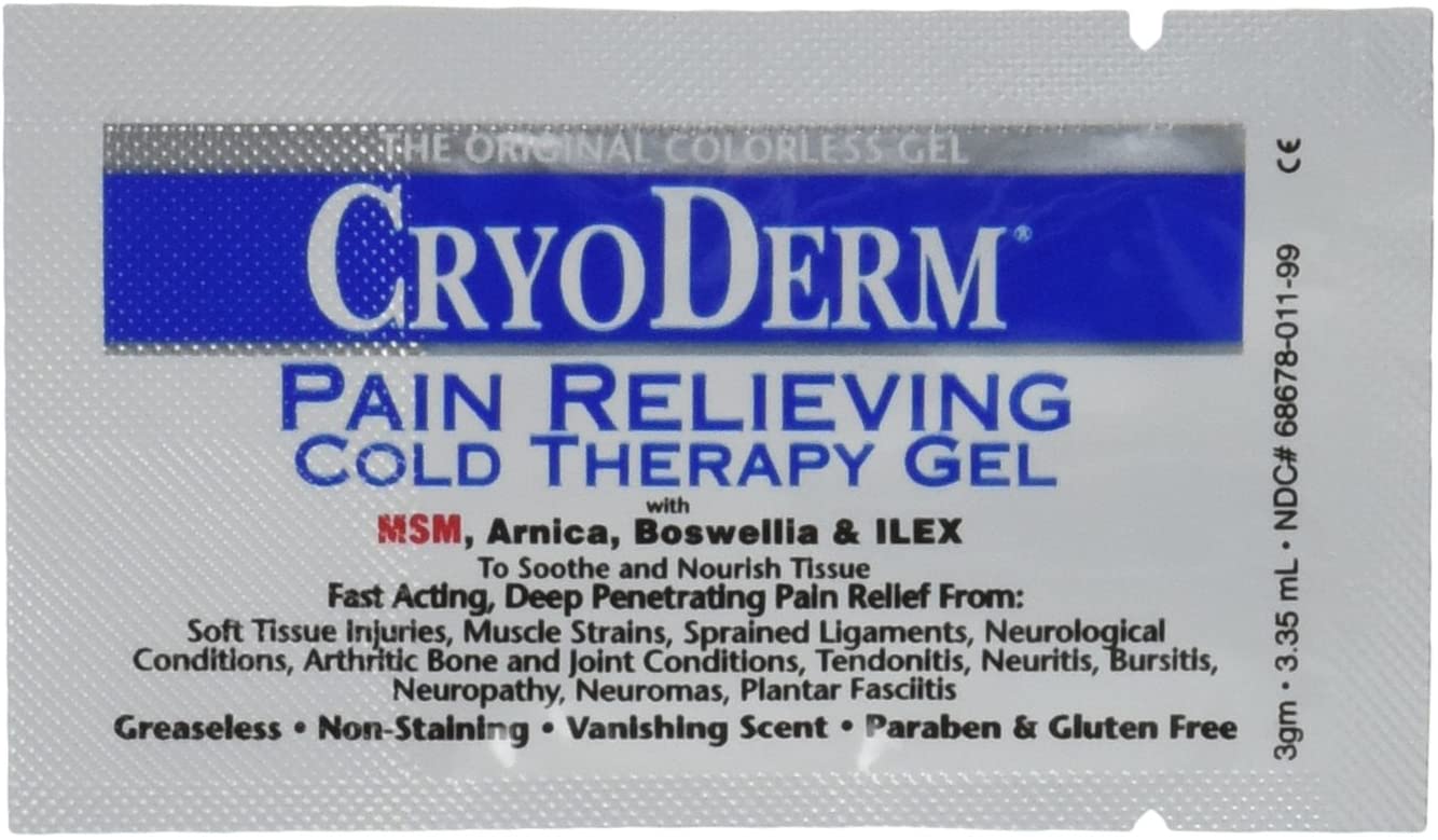 CRYODERM Gel de terapia de frío para aliviar el dolor. Paquetes individuales de 3 gramos (48 paquetes). CADUCADO: 1/2021 